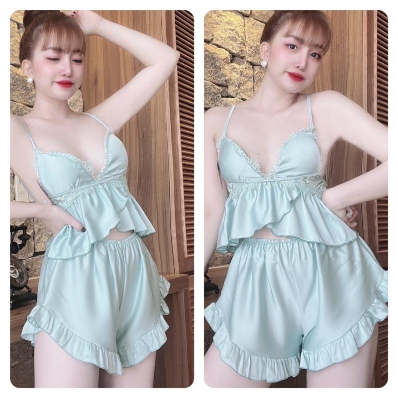 Đồ Ngủ Nữ Sexy, Bộ Ngủ Lụa 2 Dây Nữ, Lụa Latin phối ren có mút, freesize 40-58kg, tuỳ chiều cao - HÌNH CHỤP THẬT