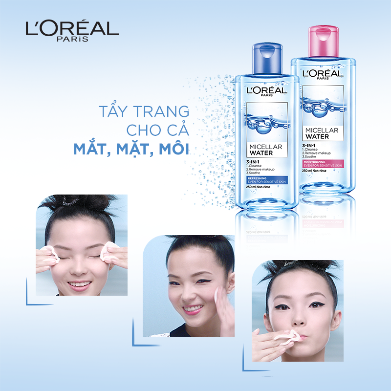 Nước tẩy trang làm sạch, dưỡng ẩm cho mọi loại da L'Oreal 3-in-1 Micellar Water 400ml