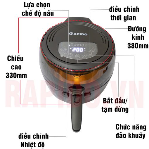 Nồi chiên không dầu điện tử RAPIDO 6.5D dung tích 6,5 lít Hàng chính hãng