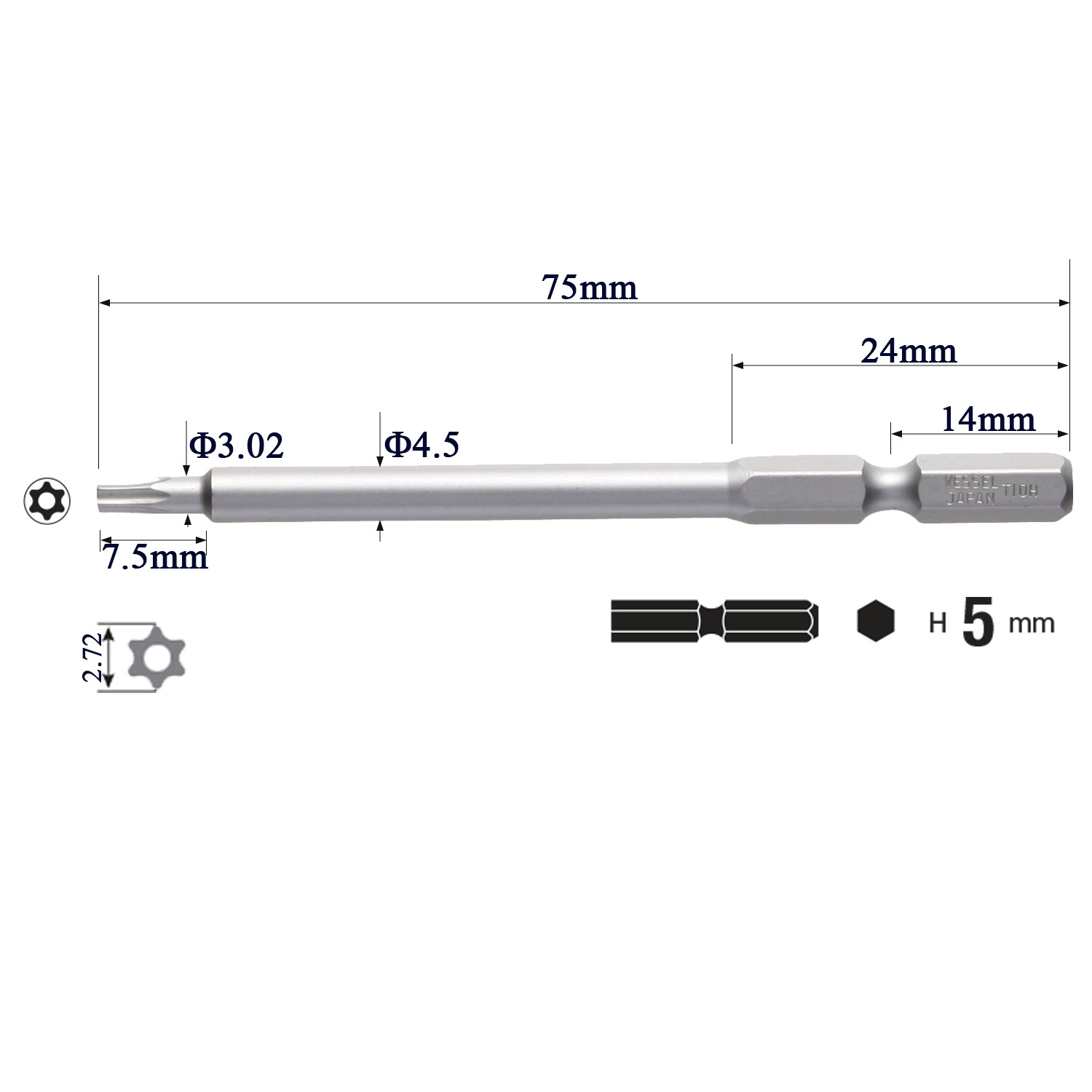 Mũi vặn vít No.N đầu hoa thị rỗng tâm, chuôi lục giác H =5 thương hiệu Vessel (Nhật Bản)