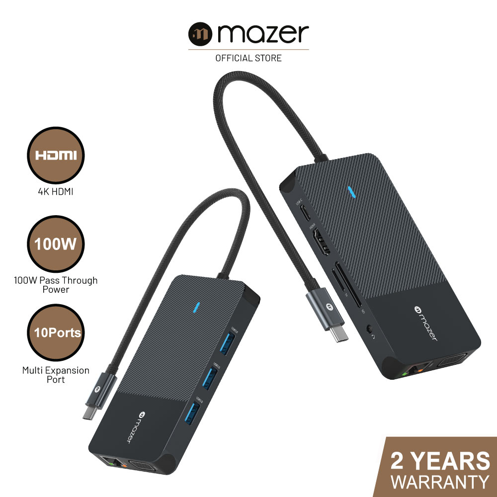 Bộ Chuyển Đổi MAZER Multimedia Pro Hub 10 in 1 USB-C Dài 20cm Gồm 03xUSB-A 01xUSB-C Audio 3.5mm HDMI VGA LAN SD/MicroSD Hàng Chính Hãng