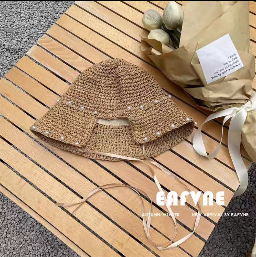 Mũ nón cói vành nhỏ thoáng khí gấp gọn đính ngọc trai nhân tạo.đi biển che nắng thời trang Hàn Quốc dona 24110501