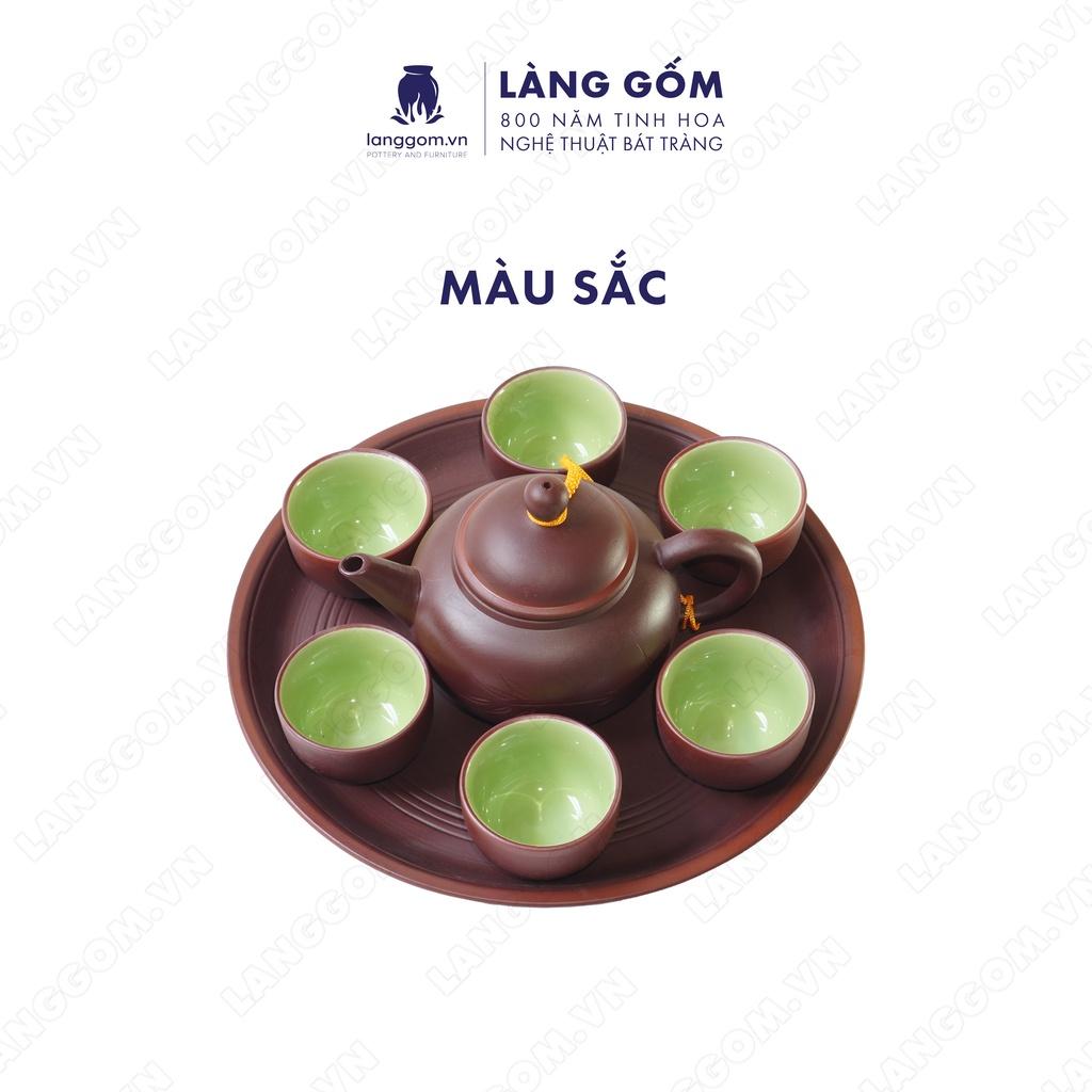 Bộ ấm chén đất nung khắc trúc nhỏ + khay tròn - Men mộc - Gốm sứ Bát Tràng - langgom.vn