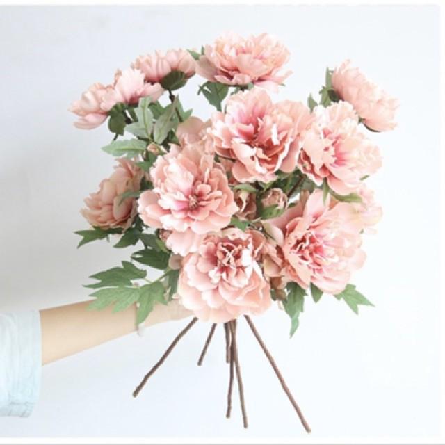 Cành hoa mẫu đơn lụa 3 bông xinh xắn decor chụp ảnh