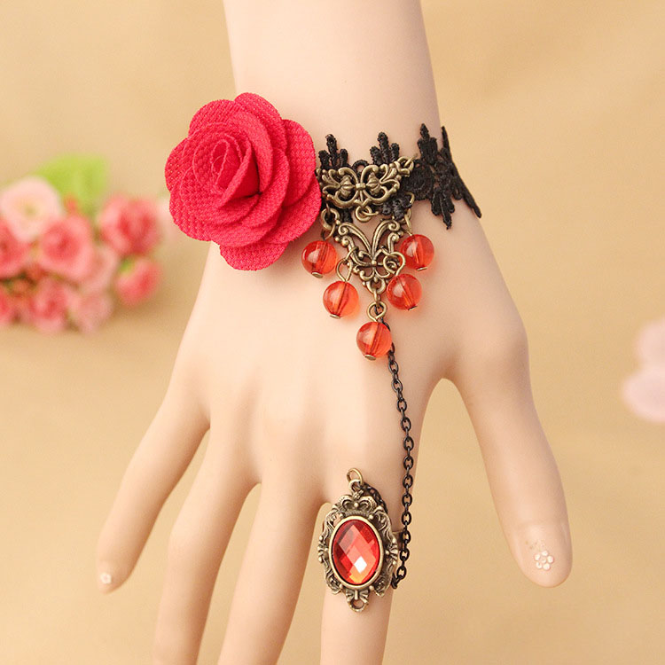 Vòng tay kèm nhẫn nữ ren đen hoa hồng đỏ dạ tiệc