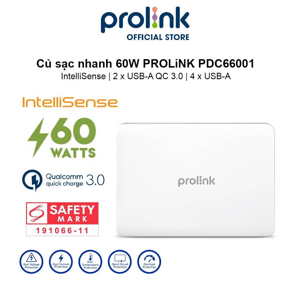 Hình ảnh Củ sạc nhanh 60W PROLiNK PDC66001, 6 cổng 2xUSB-A QC 3.0 & 4xUSB-A, IntelliSense, sạc điện thoại, máy tính bảng, laptop - Hàng chính hãng