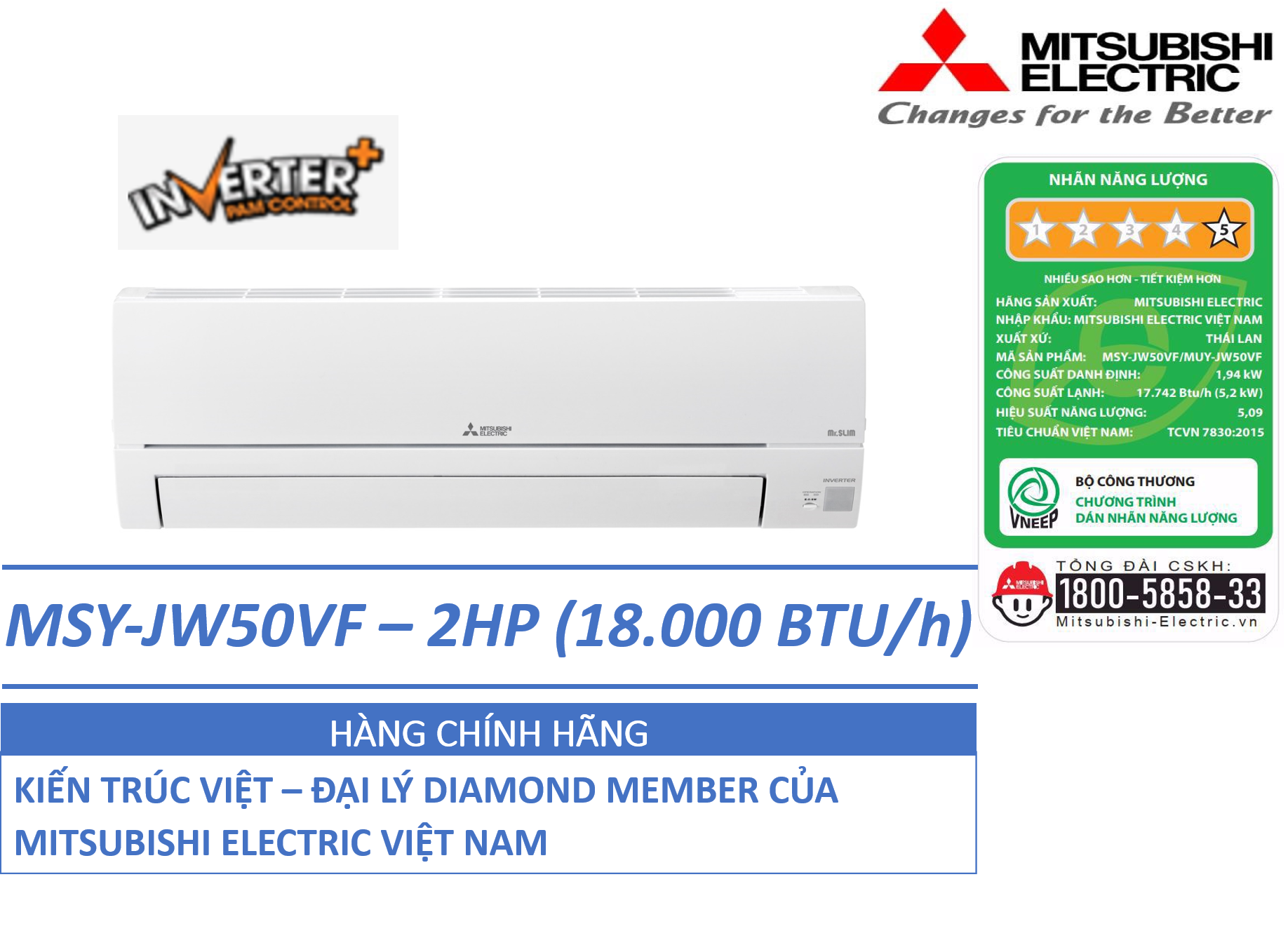 ĐIỀU HÒA KHÔNG KHÍ (MÁY LẠNH) MITSUBISHI ELECTRIC MSY-JW50VF - 2 HP(NGỰA) (18,000 BTU/H) - INVERTER - HÀNG CHÍNH HÃNG