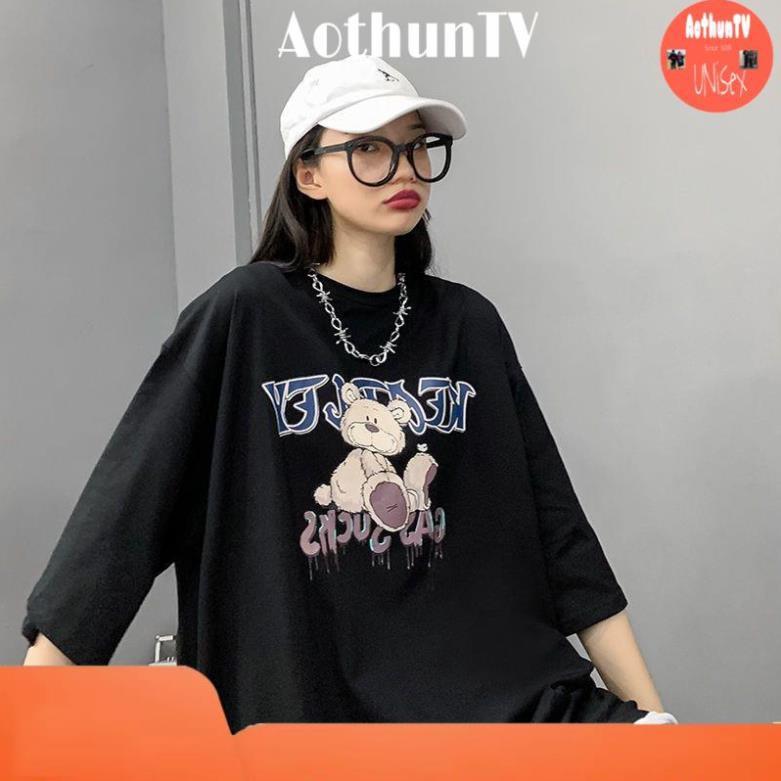 Áo thun tay lỡ, áo phông form rộng chất cotton mát mịn thấm hút mồ hôi in hình gấu