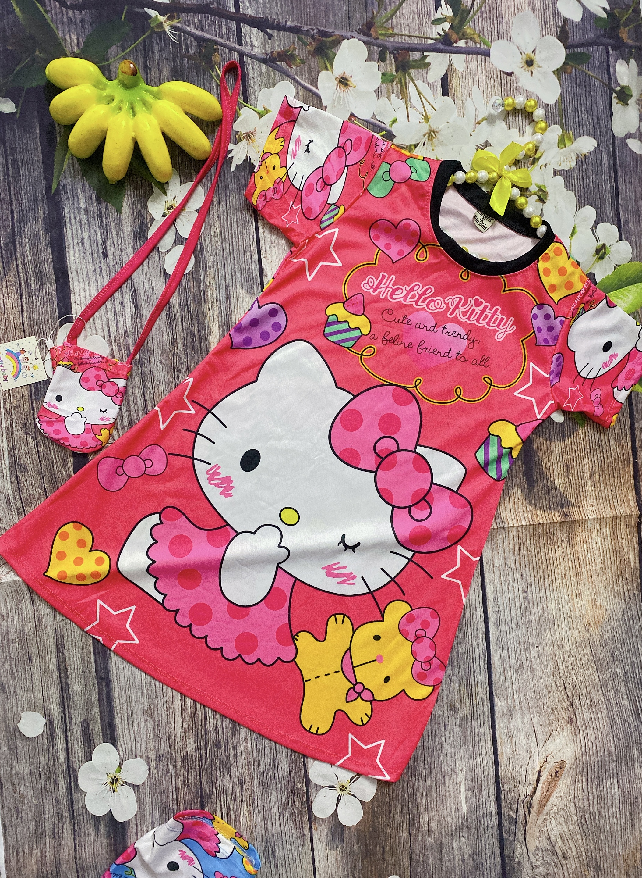 Đầm Bé Gái Mèo Hello Kitty Tặng Túi, Size 20,5-27Kg, 5-8 Tuổi In 3D Váy Thun Lạnh Dễ Thương