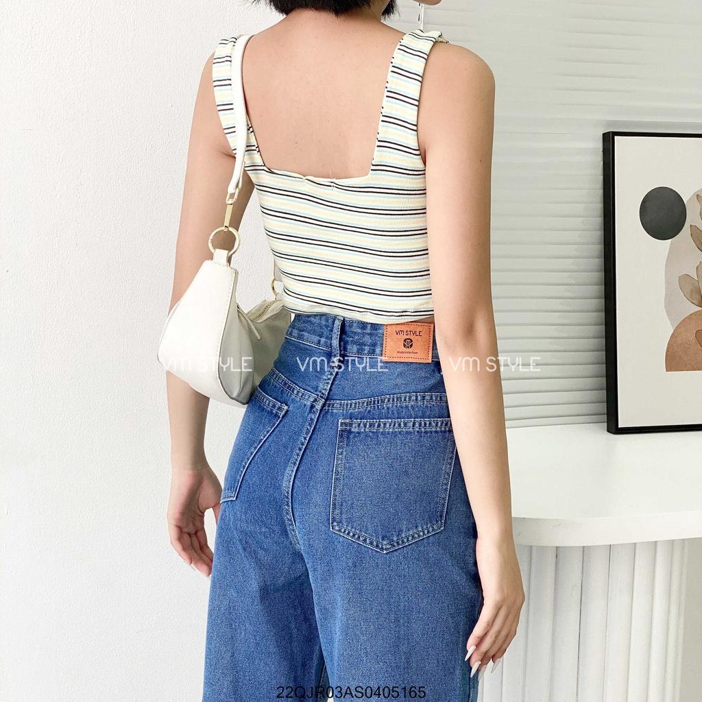 Quần jean nữ ống rộng VM STYLE trơn cạp cao suông lai thường (không co giãn)-D115- 22QJR03AS0405