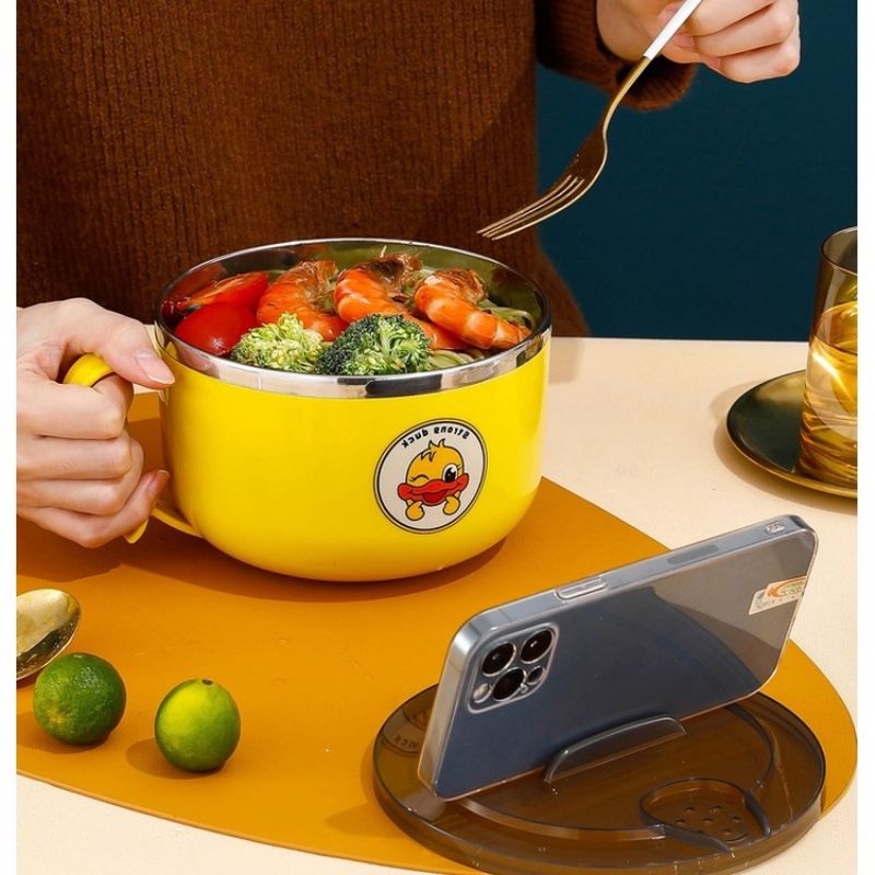 Ca ăn mì có nắp đậy vịt vàng 2 lớp 15cm có nắp đậy đa năng hỗ trợ giữ nhiệt tốt - Ca úp mì vịt vàng chất liệu inox có nắp kín giữ nhiệt lâu