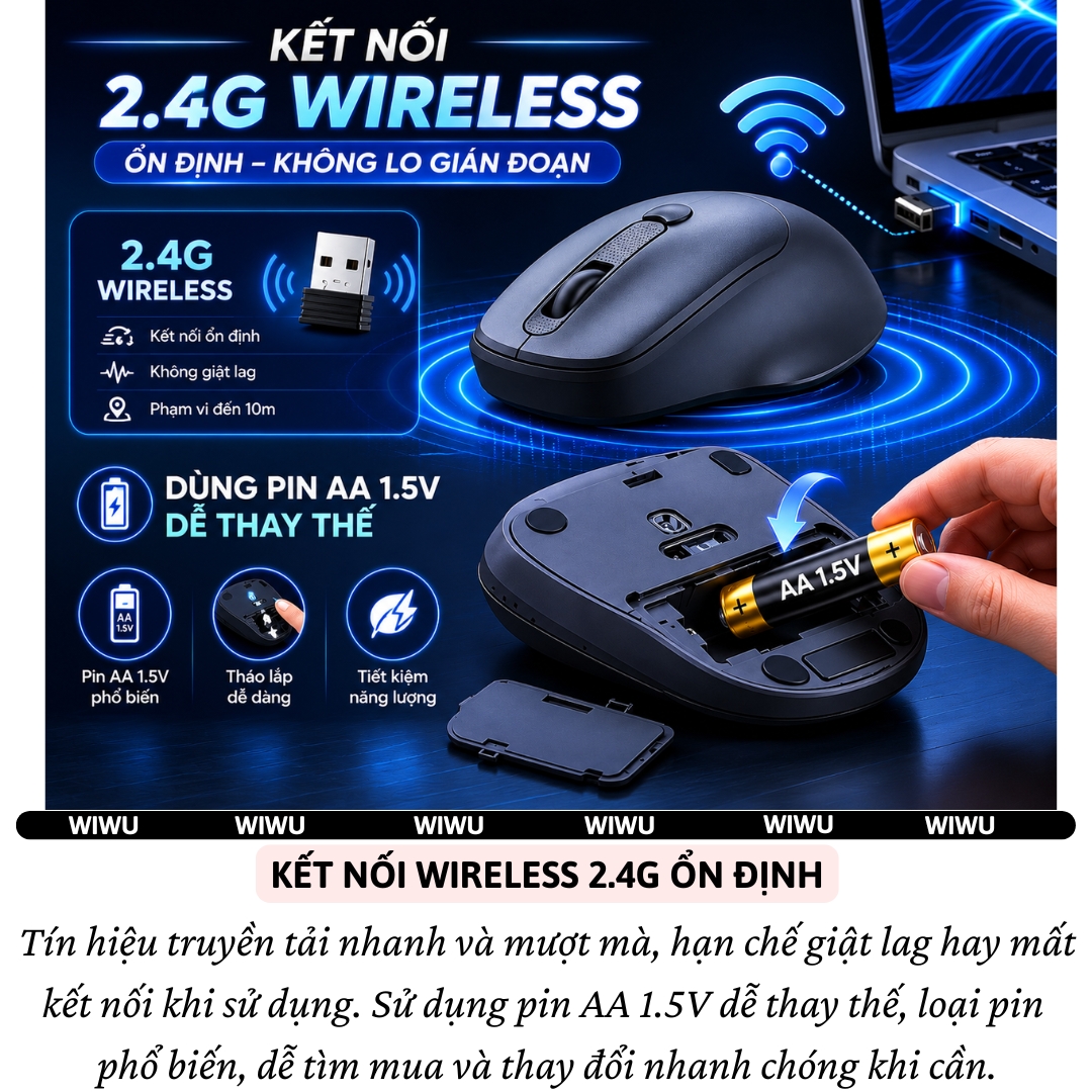 Chuột không dây Công nghệ AirGlide Wireless Mouse WiWU WIMICE WM113 2.4G Wireless Silent Click, DPI 1600, Siêu Nhẹ 58g, 4 Phím Thông Minh, Dùng Pin AA, Thiết kế công thái học ôm tay - hàng nhập khẩu