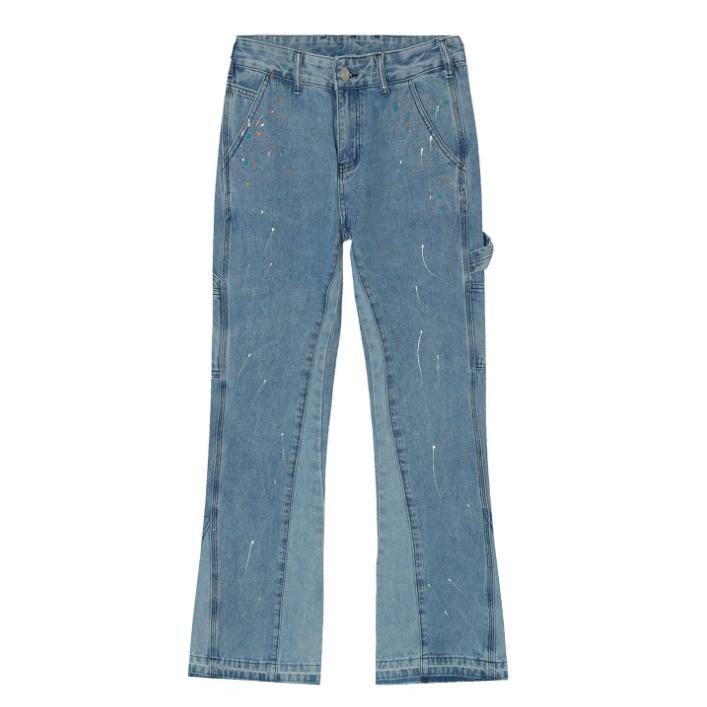 Quần Jeans Ống Loe Xả Lai Vẩy Sơn PLAYAZ Phong cách Vinatge Xanh - Đen