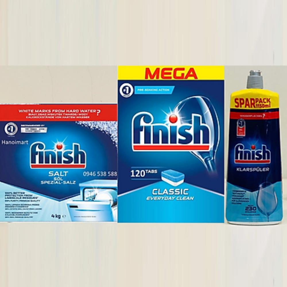 Combo muối rửa bát finish 4kg+nước làm bóng finish 1150ml+viên rửa bát finish 120 viên dùng cho Máy rửa bát