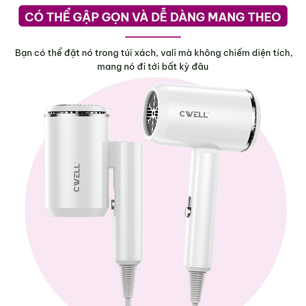 Máy sấy tóc mini gập gọn CWell C05HD, máy sấy tóc công suất lớn 1800W, kiểu dáng mới