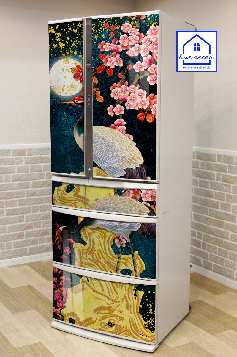 Decal dán tủ lạnh mẫu quốc điểu uyên ương - Chất liệu chống nước, phù hợp với mọi loại tủ