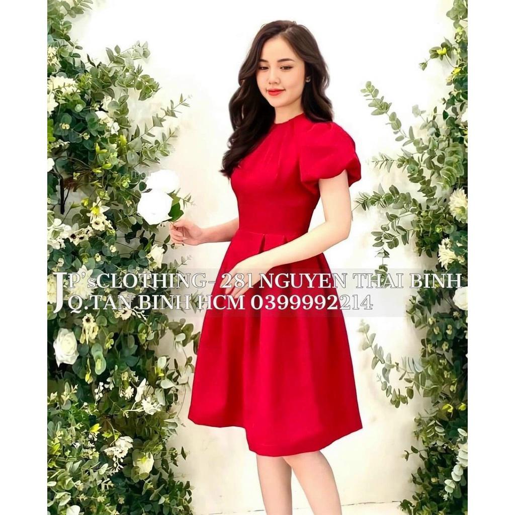 Đầm xoè tay phồng cổ tròn xếp ly