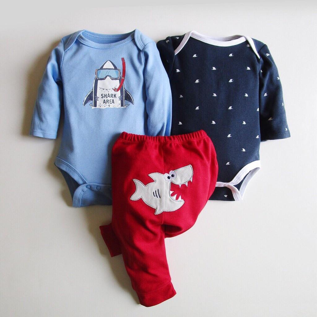 Set 3 body suit beliti dài tay xuất dư cho bé trai và bé gái 0-12 tháng