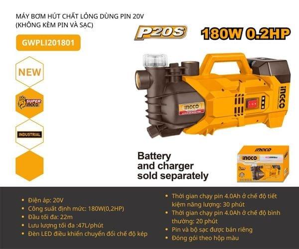 MÁY BƠM HÚT CHẤT LỎNG DÙNG PIN 20V (KHÔNG KÈM PIN VÀ SẠC) INGCO GWPLI201801 - HÀNG CHÍNH HÃNG