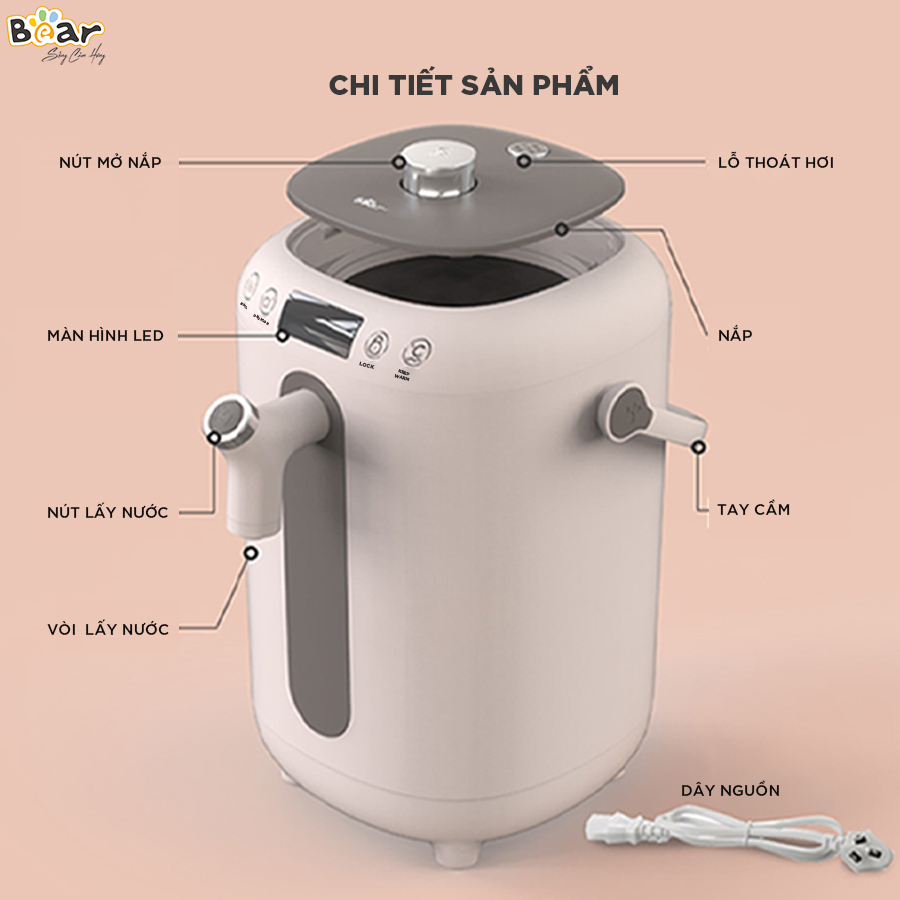 [Hàng Chính Hãng] Bình Thủy Đun Điện Giữ Nhiệt Bear KE-B30V1 – Màu Hồng, tích hợp 11 mức nhiệt và 2 chế độ đun sôi; tính năng khử clo, lớp vỏ bên trong giữ nhiệt, lớp vỏ bên ngoài cách nhiệt; có khóa nước an toàn