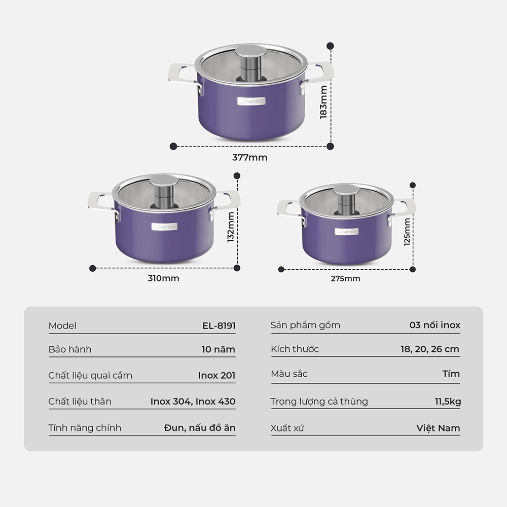 Bộ 3 Nồi Inox Liền Khối Elmich Hera size 18, 20, 26cm 3 Màu Xanh,Tím,Vàng