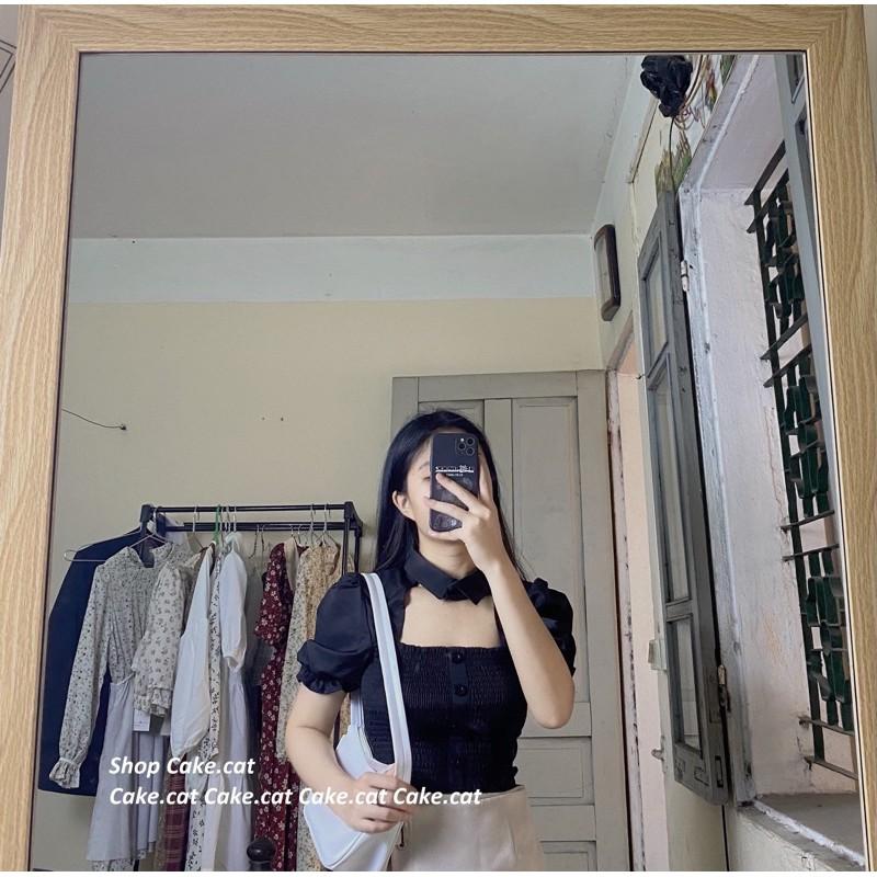 Áo croptop chun ôm người khoét ngực cổ sơ mi 2 màu trắng/ đen