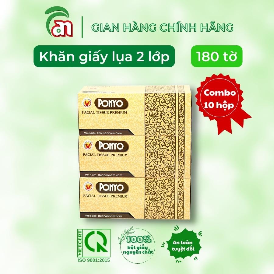 Combo 10 Hộp khăn giấy lụa - khăn giấy lau mặt cao cấp, mịn, không bụi PONYO 2 lớp 180 tờ - Thiên An Nam paper