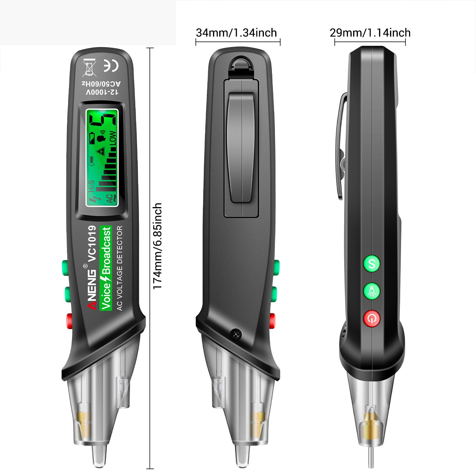 ANENG VC1019 LCD Digital Test Pen Non-contact Voice Broadcast Tester Pen Sensitivity Adjustable with Laser Indicator Sound/Light Alarm Flashlight