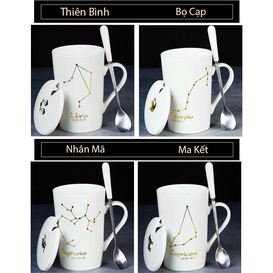 Ly Cốc Sứ Có Nắp TRẮNG in Hình 12 Cung Hoàng Đạo Cực Đẹp