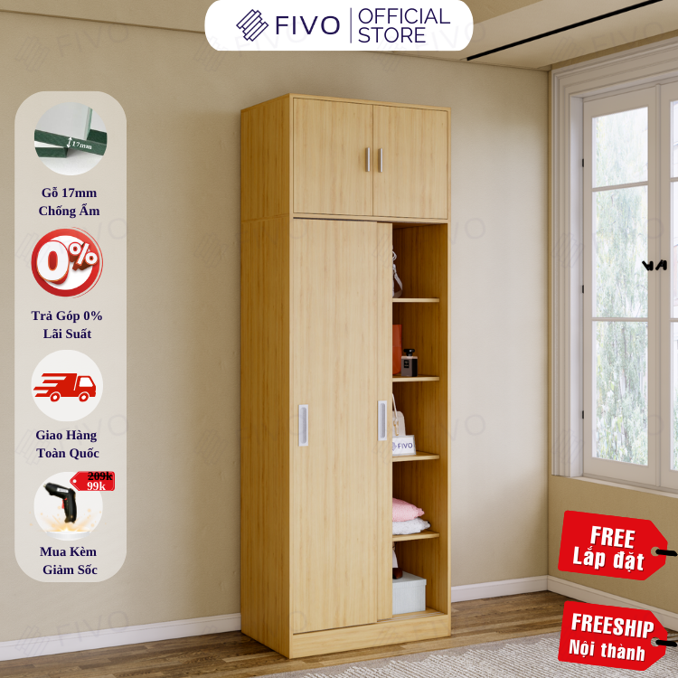 Tủ Treo Quần Áo Cửa Lùa Gỗ MDF Chống Ẩm Cao Cấp FC31 FIVO, Nhiều Ngăn Đựng Đồ, Không Gian Hộc Tủ Trên Rộng Rãi