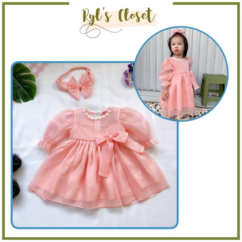 Váy Tơ Cam Bé Gái 4-28kg, Đầm Bé Gái Chất Tơ Ánh Nhũ Xinh Xắn