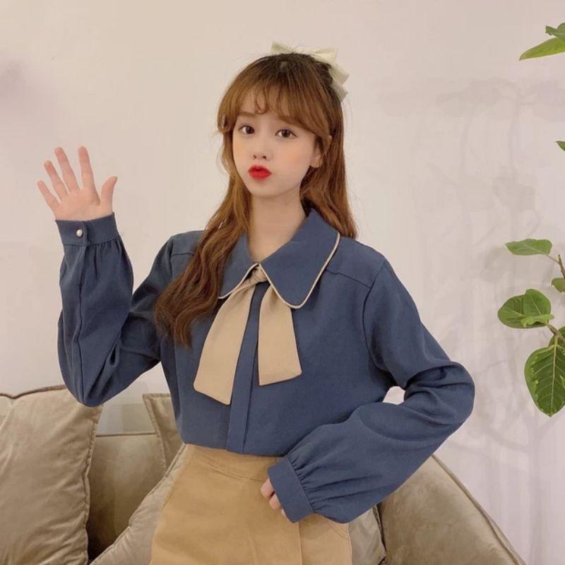 Áo sơ mi nữ dài tay thắt nơ cổ công sở thanh lịch Quảng Châu