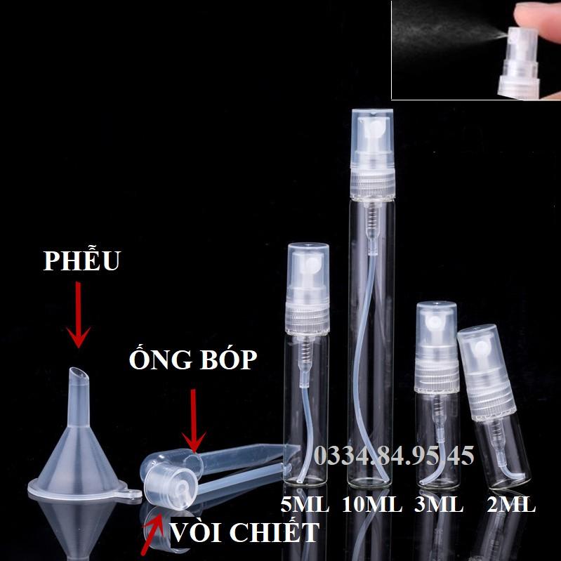 Chai chiết nước hoa 2ml 3ml 5ml 10ml - Lọ đựng thủy tinh xịt phun sương, vỏ chiết vial, phễu mini