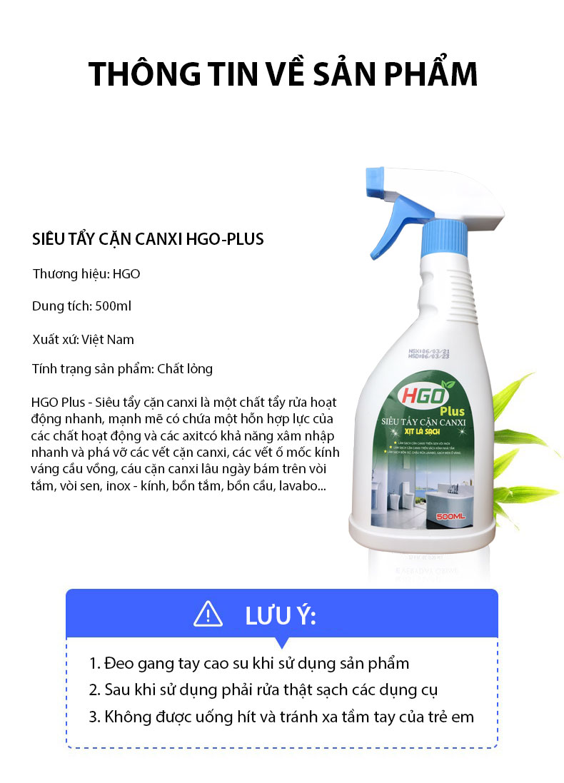 Tẩy cặn canxi vách kính, vòi sen inox, bồn sứ, gạch men HGO Plus 500ml