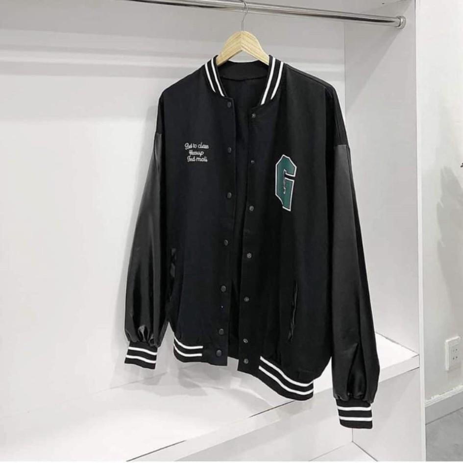Áo khoác thu đông nam nữ kiểu bomber phối tay da chữ G cúc bấm trẻ trung cá tính/ Áo nỉ dáng rộng ulzzang siêu hàn quốc