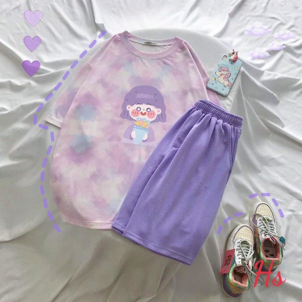 Bộ Áo Loang Cộc Tay In Hình Kèm Quần Đùi Set Unisex Ngắn