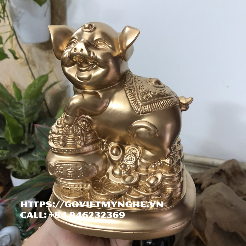 [Tượng heo phong thủy] Tượng đá con heo trang trí tượng heo phong thủy phòng làm việc - Cao 18cm - Màu nhũ đồng