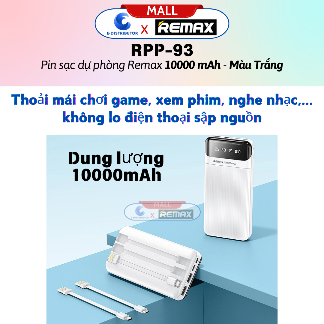 Pin Sạc Dự Phòng Remax 10000 mAh RPP93 Trắng - Hàng Chính Hãng - Bảo Hành 12 Tháng