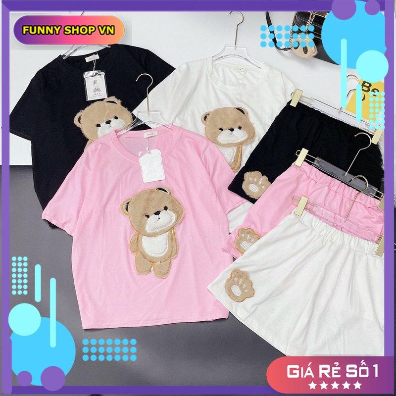 Bộ Cộc Tay Thêu Gấu Kèm Quần Short Ống Rộng 3 Màu X149
