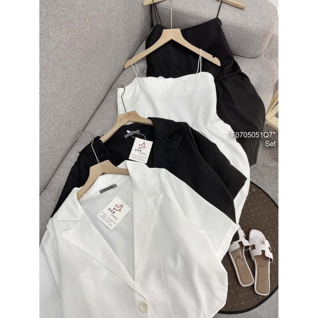 Bộ Jumpsuit Nữ Quần Cộc Áo Vest Đũi Set Trang Phục Nữ Quần Ngắn Áo Quây Kèm Áo Khoác Ngoài 2 Màu
