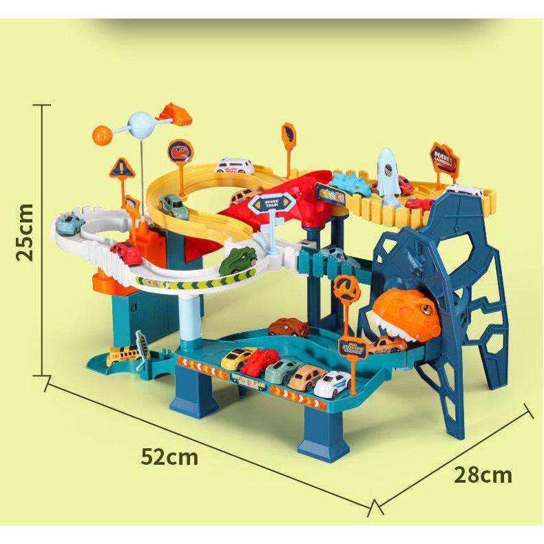 Đồ chơi mô hình đường đua khủng long kèm 4 xe âm thanh anh sáng thảm đáy mẫu  2022