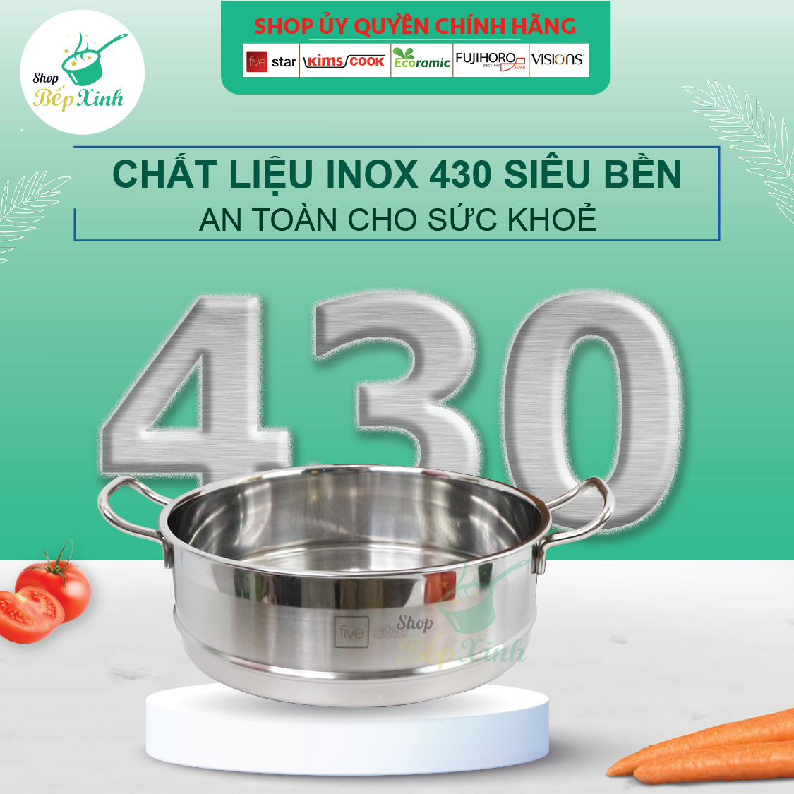 Xửng hấp inox Fivestar 3 đáy từ nắp inox