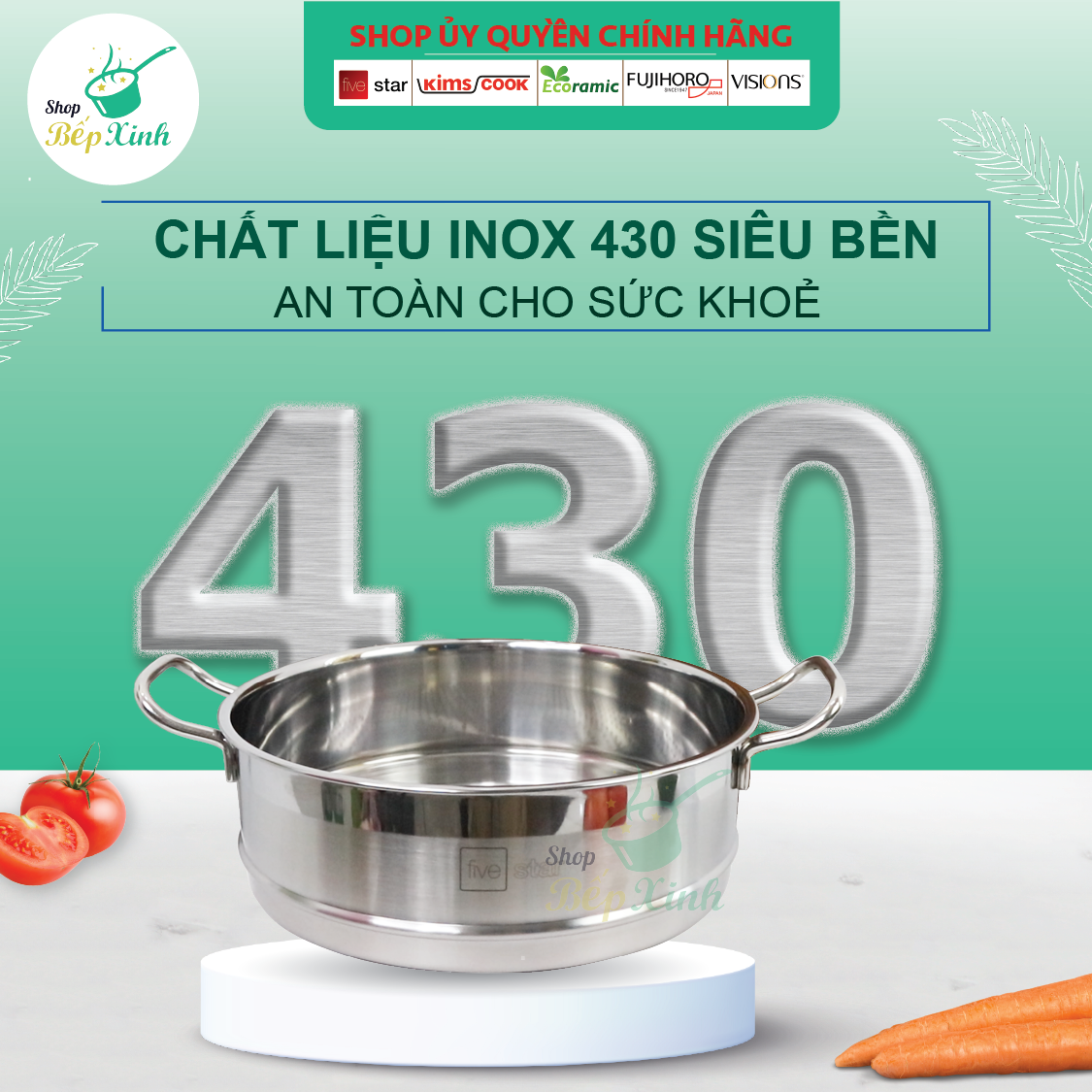 Bộ Nồi Xửng Hấp Inox 430 Bếp Từ 3 Đáy Nắp Kính Fivestar