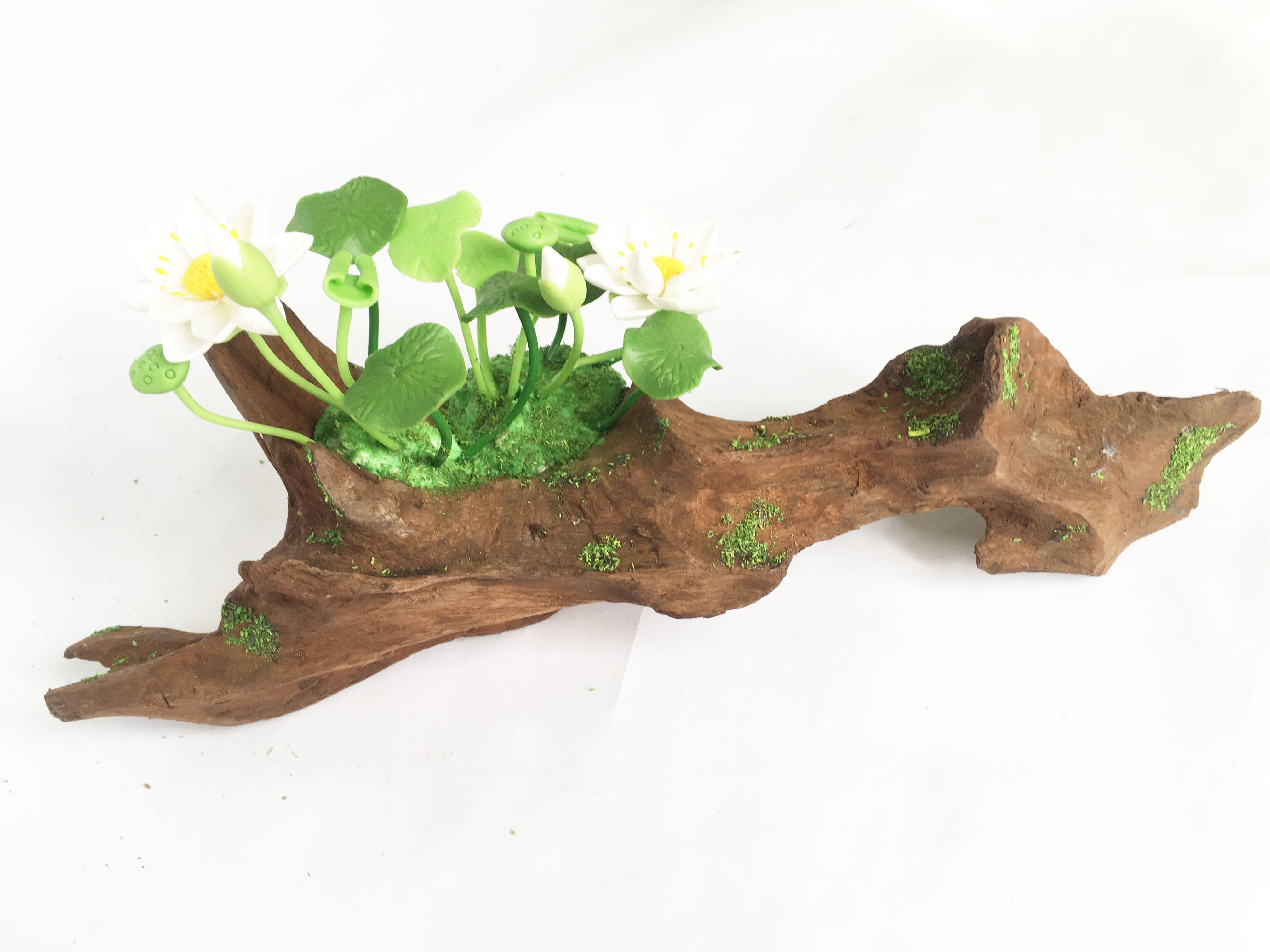 Lũa gỗ hình dáng tự nhiên kết hợp Hoa sen đất sét mini  - Quà tặng trang trí handmade