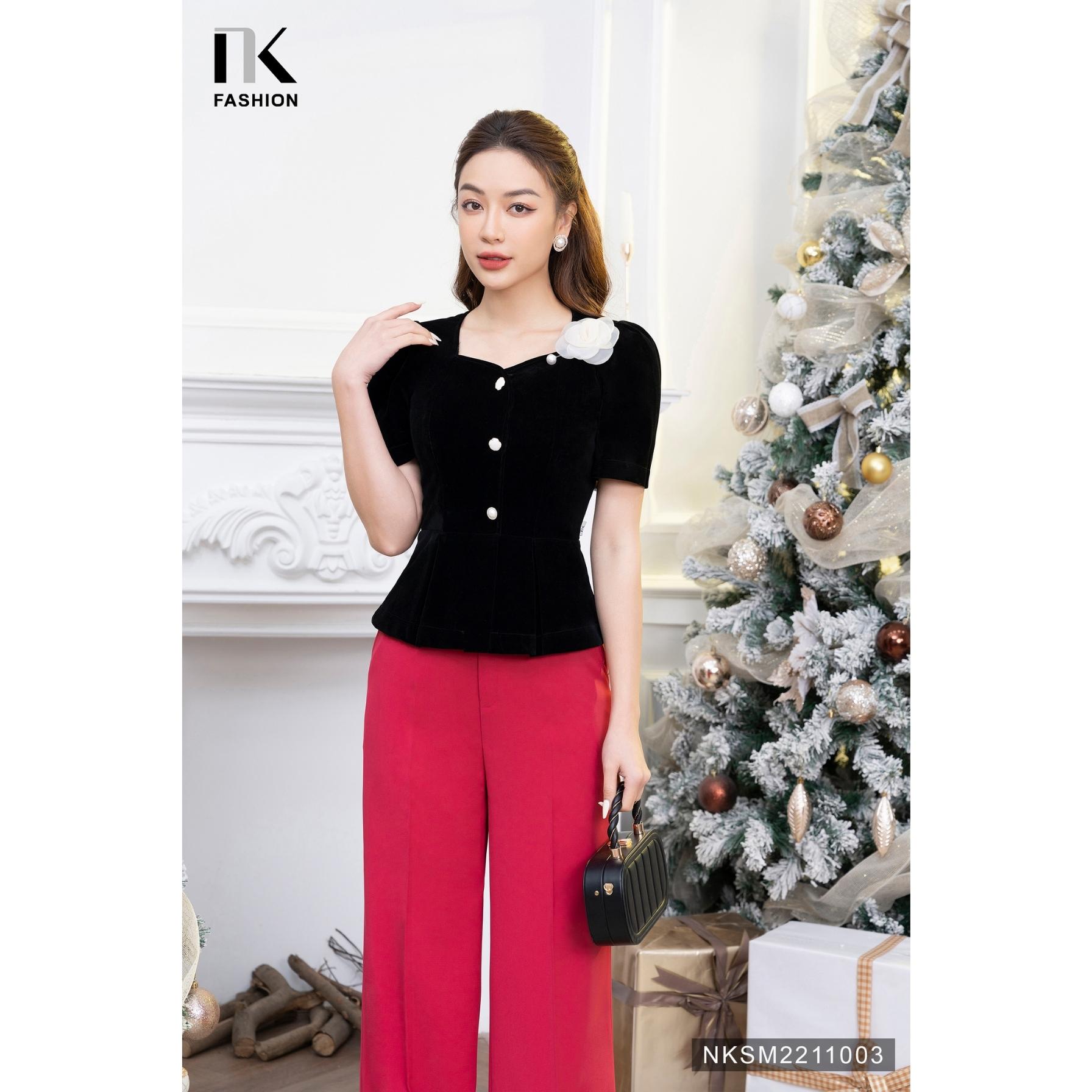 Áo Nhung Peplum Tay Ngắn NK FASHION Thiết Kế Cổ Vuông Sang Trọng Chất Vải Nhập Hàn Cao Cấp NKSM2211003