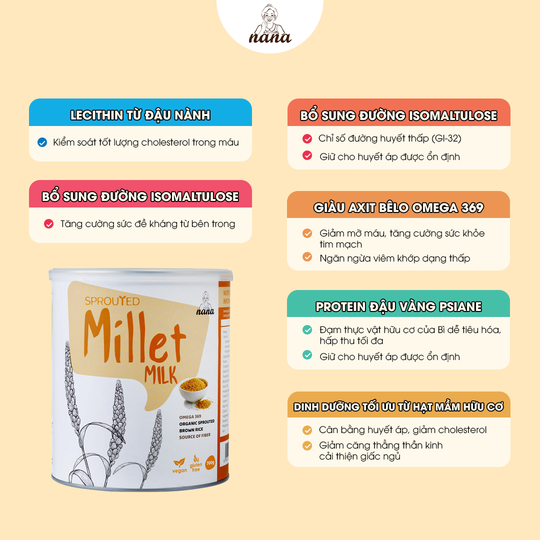 Sữa Hạt Cho Người Lớn Tuổi Millet Vị Gạo Hộp 700g, Nhập Khẩu Malaysia Sữa Hữu Cơ Không Đường Bổ Sung Dinh Dưỡng & Tốt Cho Tim Mạch - miwako