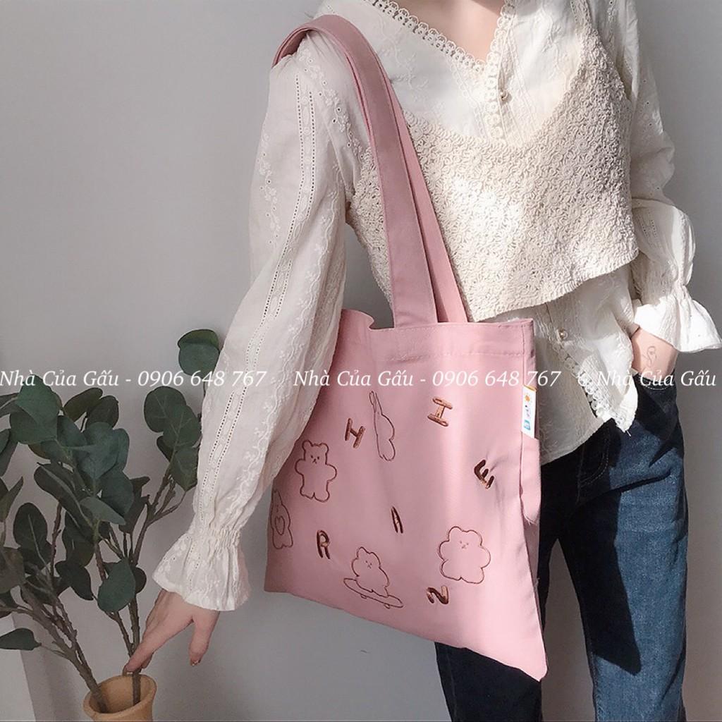 Túi xách tote vải canvas xịn hình gấu kèm chữ siêu đẹp