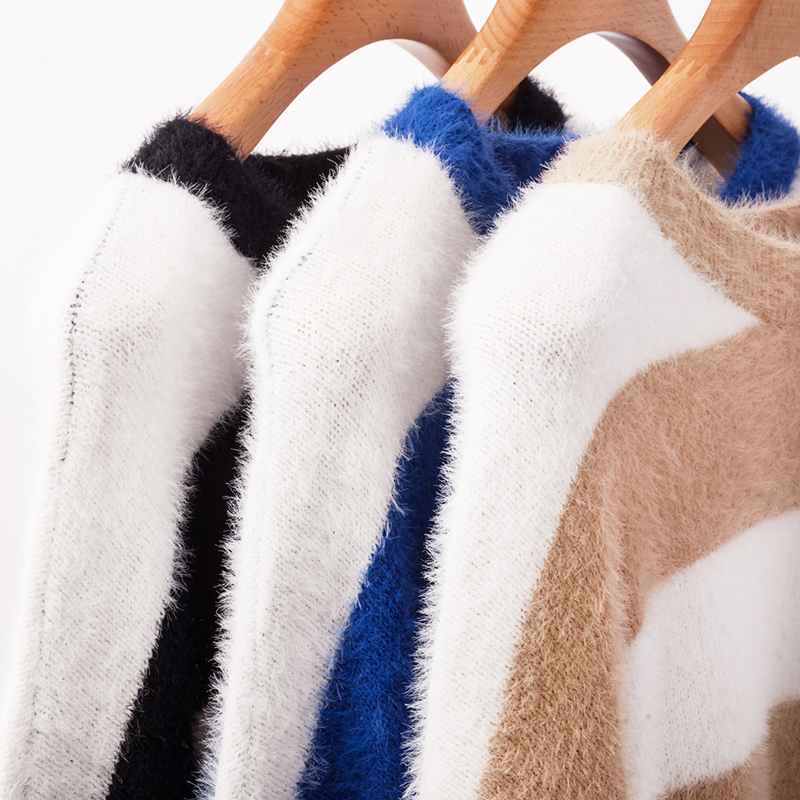 Fashion Women Winter Striped Fluffy Knitted Sweater Splicing O Neck Long Sleeve Casual Sweet Warm Pullover Knitwear