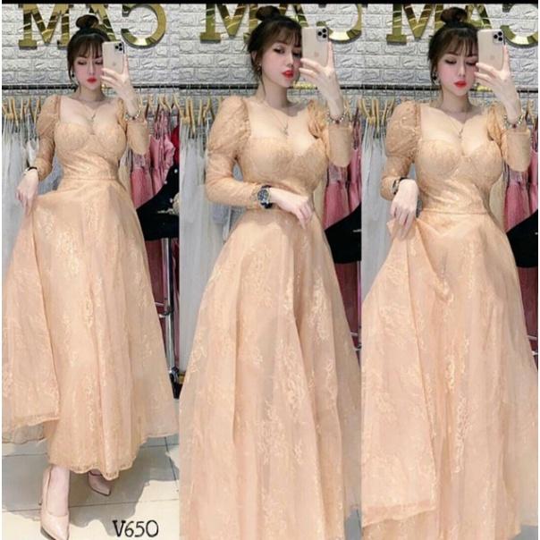 Đầm maxi dự tiệc tay dài chất ren mi có lót sang trọng ivy fashion -Size M/L - MS168V đi biển dự tiệc dạo phố bigsize g