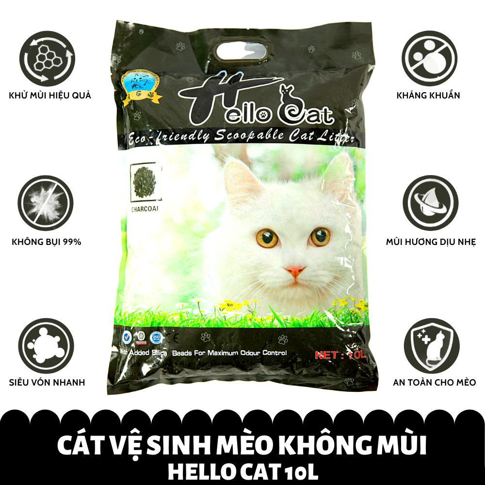 ( Combo 2 Bao ) Cát Vệ Sinh Dành Cho Mèo Không Bụi Vón Nhanh Mùi Hương Dịu Nhẹ Dễ Chịu - Hello Cat Charcoal Bentonite Sand (10L/7KG) (Không Mùi, Than Hoạt Tính)